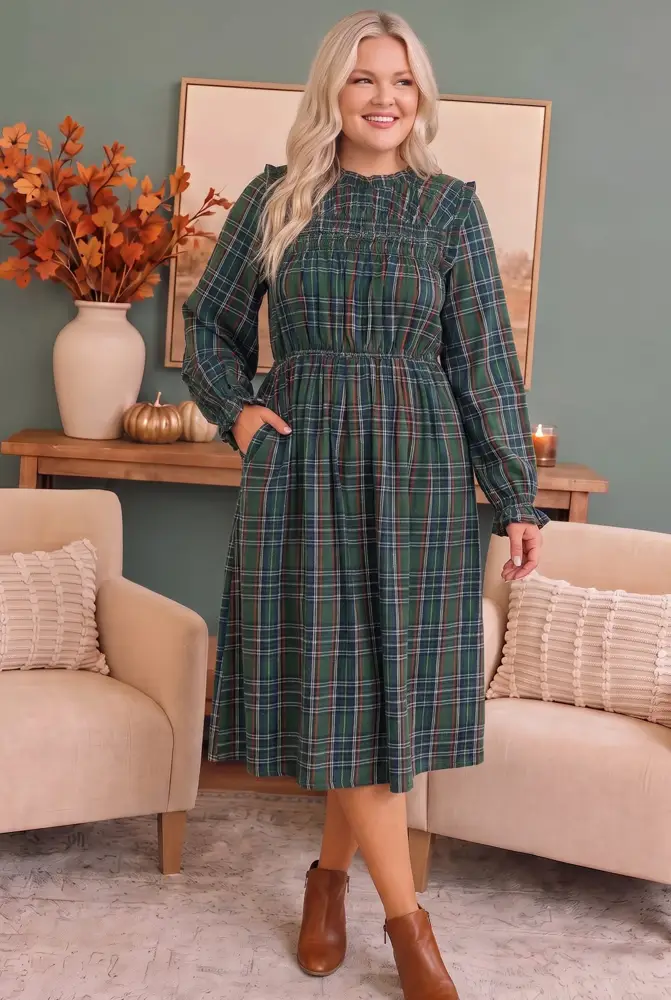 Plus Size Forest Green Plaid Smocked Midi Dress