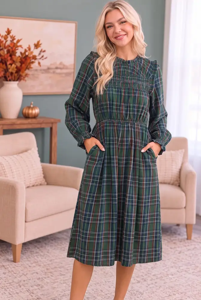 Forest Green Plaid Smocked Midi Dress