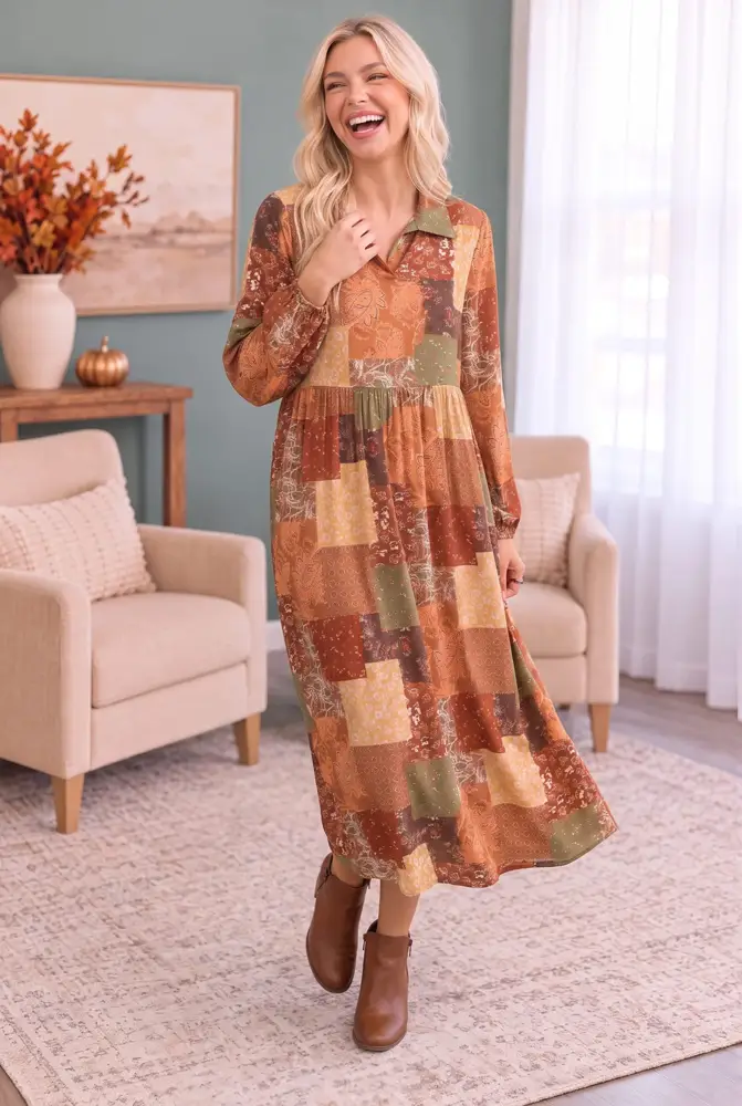 Warm Brown Patchwork Print Maxi Dress