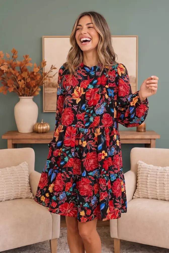 Black Floral Tiered Long Sleeve Mini Dress