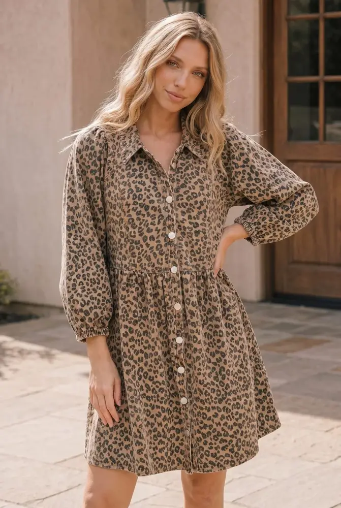 Leopard Button-Front Babydoll Dress, HD-012