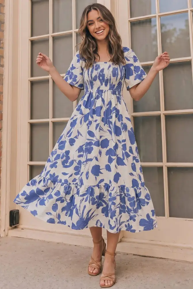 Blue Floral Smocked Midi Dress