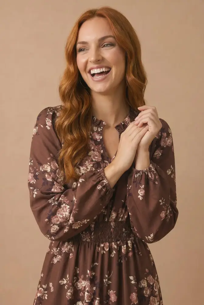 Brown Floral Smocked Midi Dress