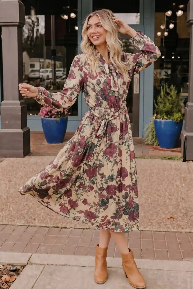 Floral Tie-Neck Long Sleeve Midi Dress