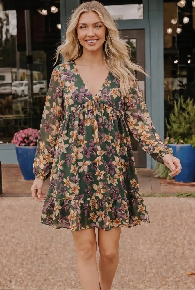 Green Floral V-Neck Ruffle Dress
