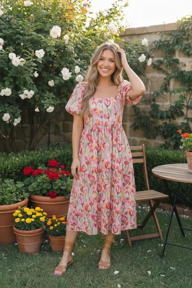 Tulip Print Midi Dress with Pockets