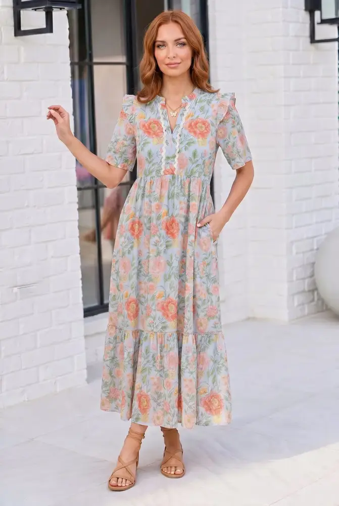 Blue Floral Tiered Midi Dress