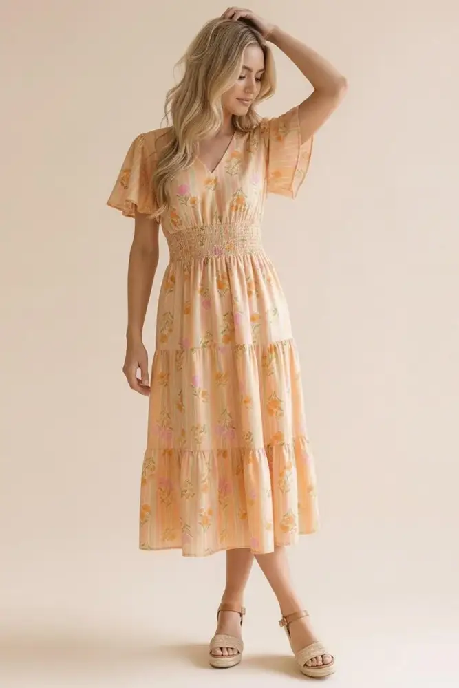 Plus Size Peach Floral V-Neck Midi Dress