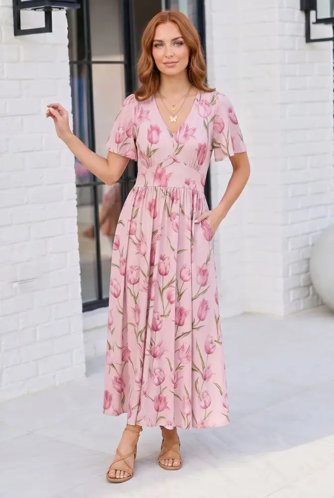 Pink Tulip Ruffle Sleeve Maxi Dress