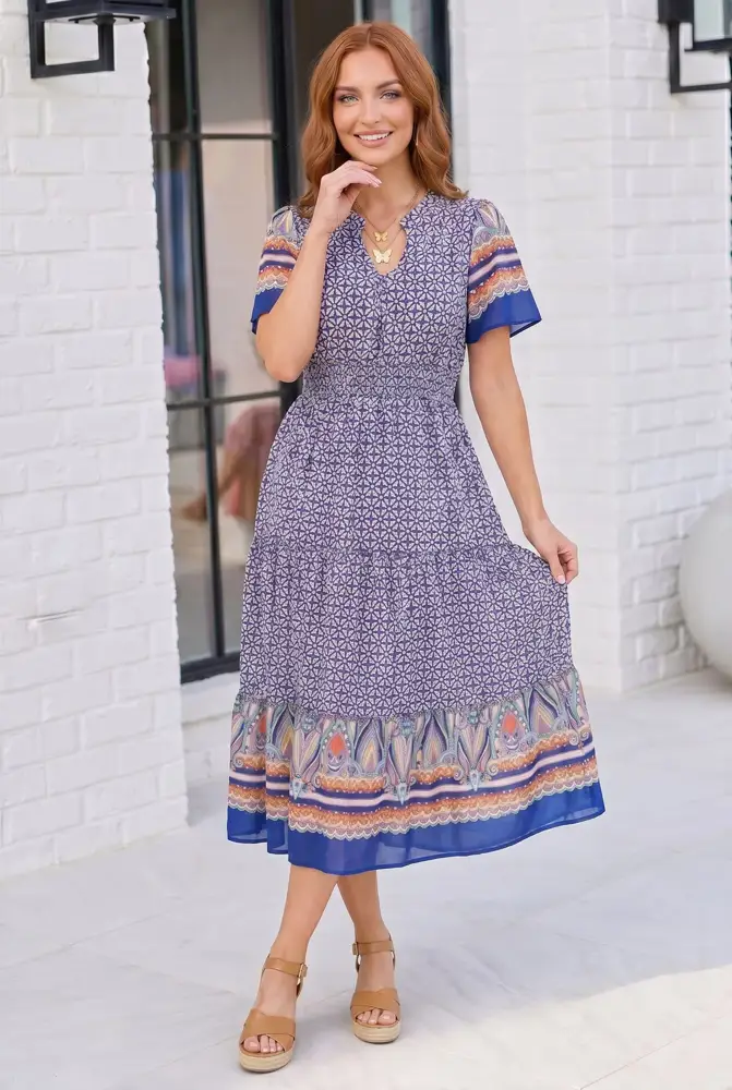 Blue Geometric Border Midi Dress