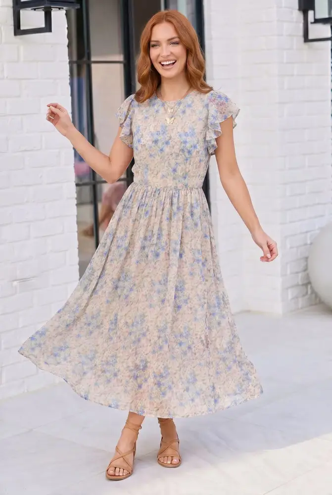 Plus Size Blue Floral Ruffle Sleeve Mesh Dress