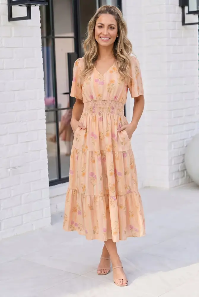 Peach Floral Stripe Tiered Midi Dress