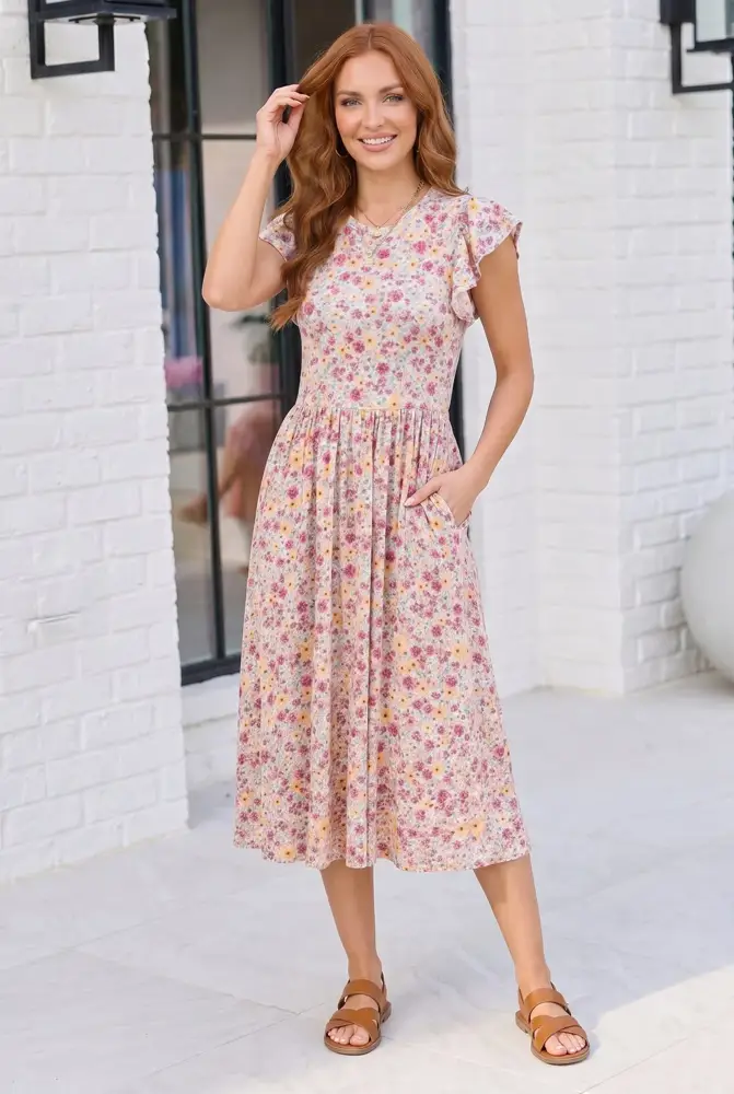 Floral Ruffle Sleeve Midi Dress