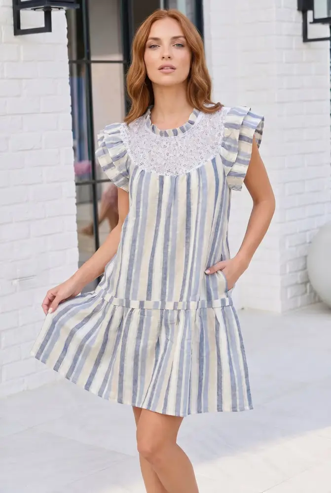 Blue and White Stripe Lace Ruffle Dress