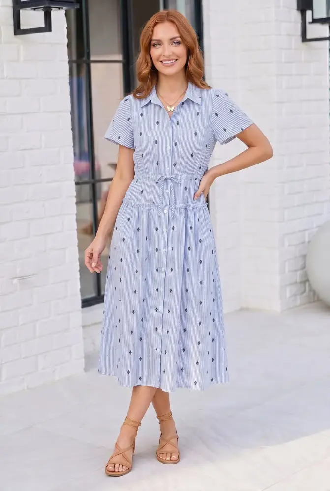 Blue Stripe Embroidered Ruffle Sleeve Shirt Dress