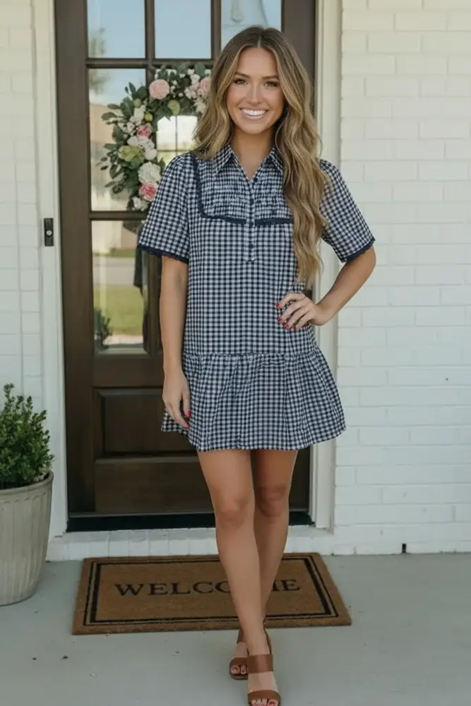 Gingham Button-Front Tiered Mini Dress