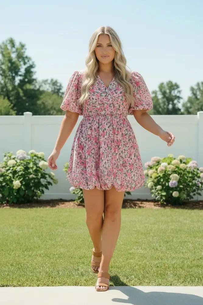 Plus Size Pink Floral Bubble Dress