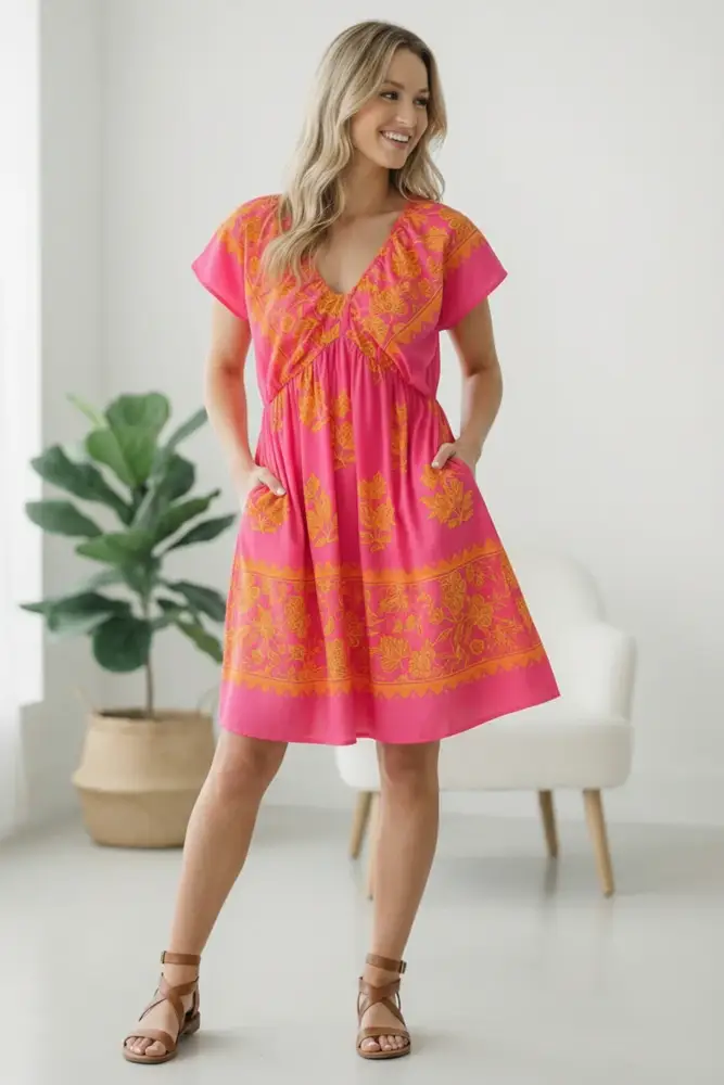 Fuchsia Print Ruffle Sleeve Dress
