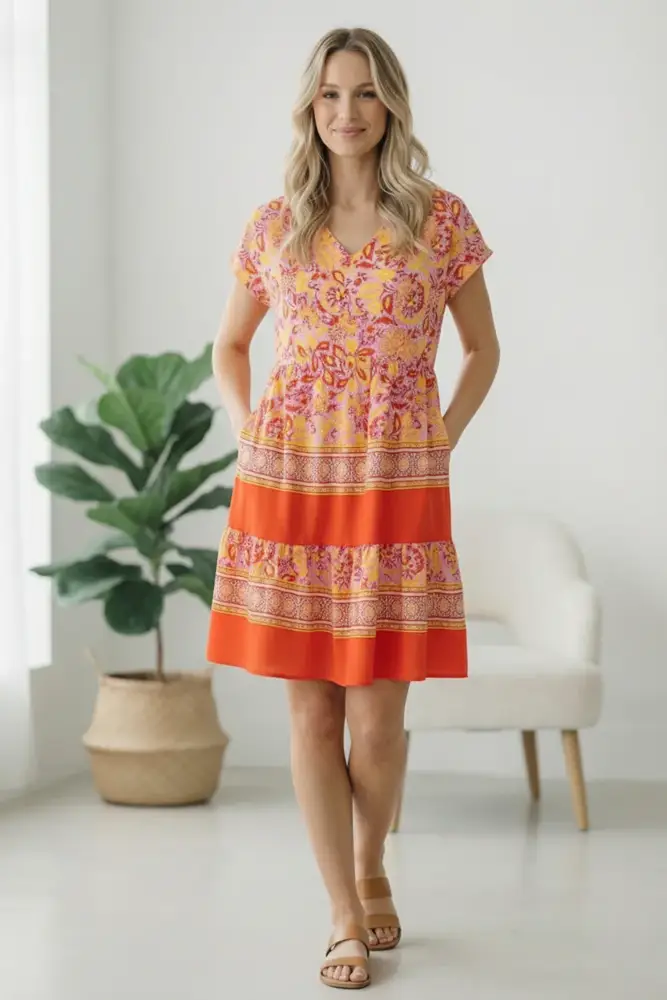 Floral Border Tiered Knee-Length Dress
