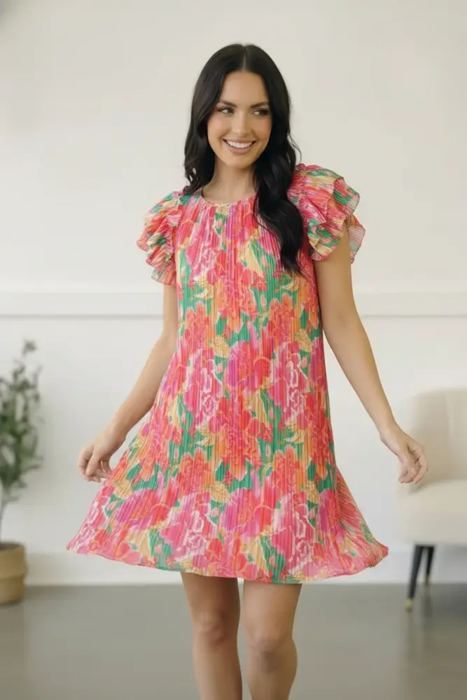 Pink Floral Accordion Pleat Dress