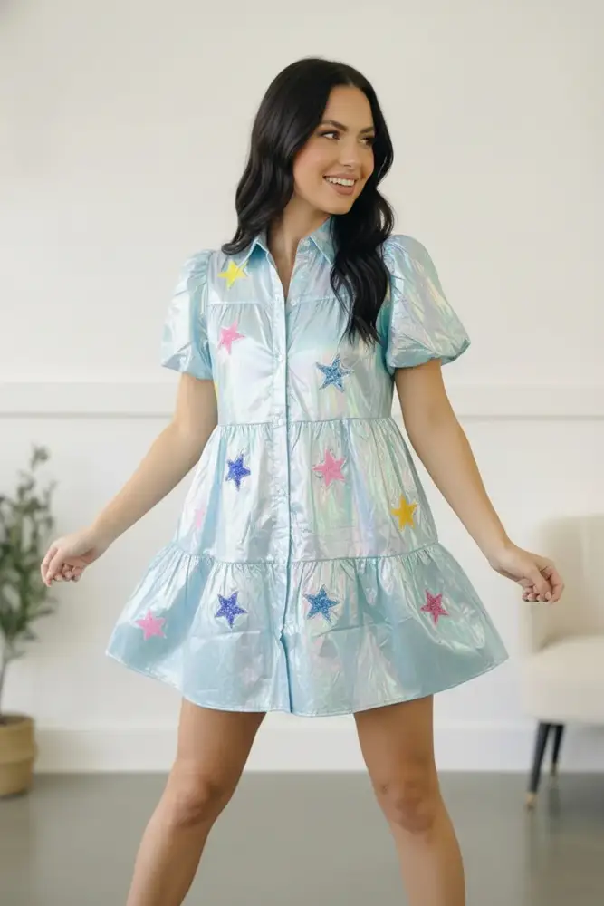 Blue Sequin Star Dress with Pockets