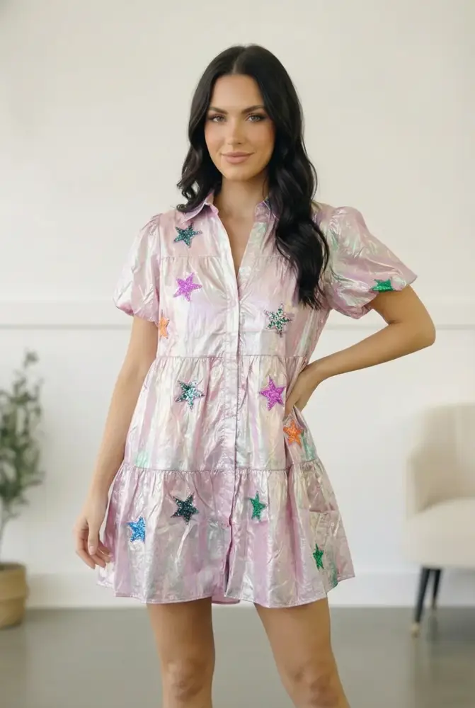 Pink Sequin Star Dress with Pockets