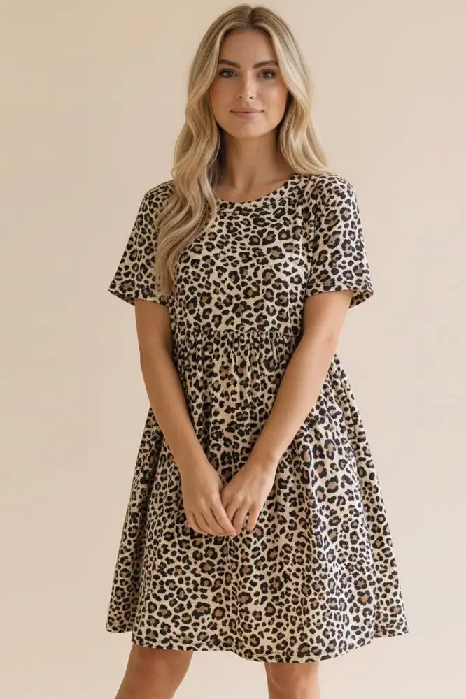 Short Sleeve Leopard Babydoll Dress