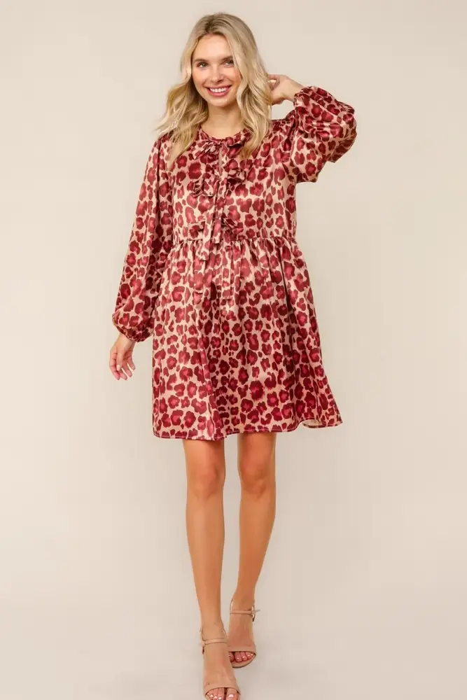Burgundy Leopard Satin Bow Mini Dress
