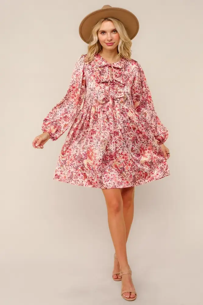Plus Size Pink Floral Satin Mini Dress with Pockets