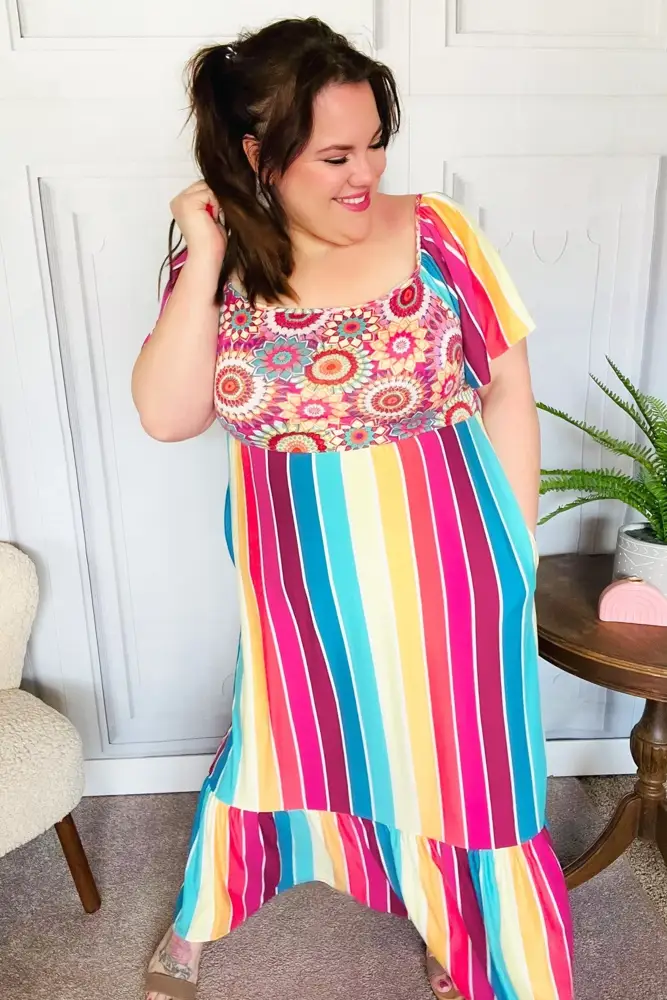 Fuchsia and Teal Stripe Print Dress