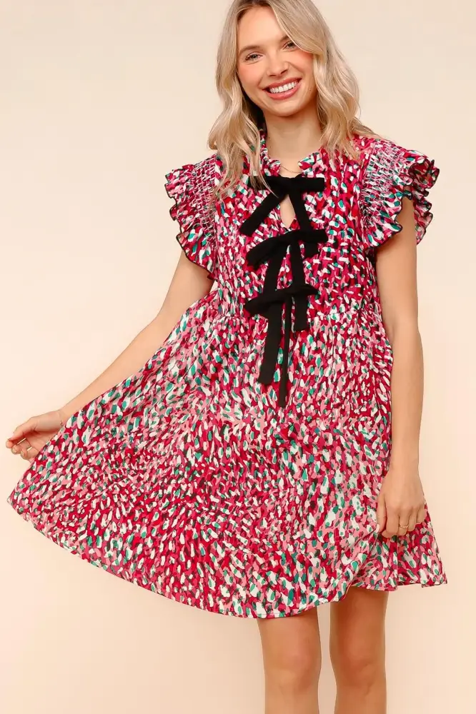 Plus Size Leopard Bow Woven Dress
