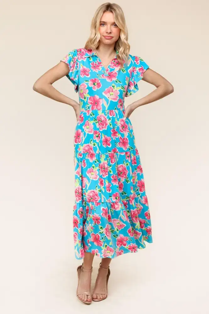 Teal Floral Collared Midi Dress with Pockets