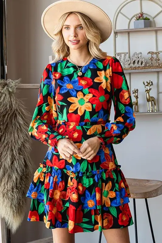 Plus Size Floral Smocked Cuff Mini Dress