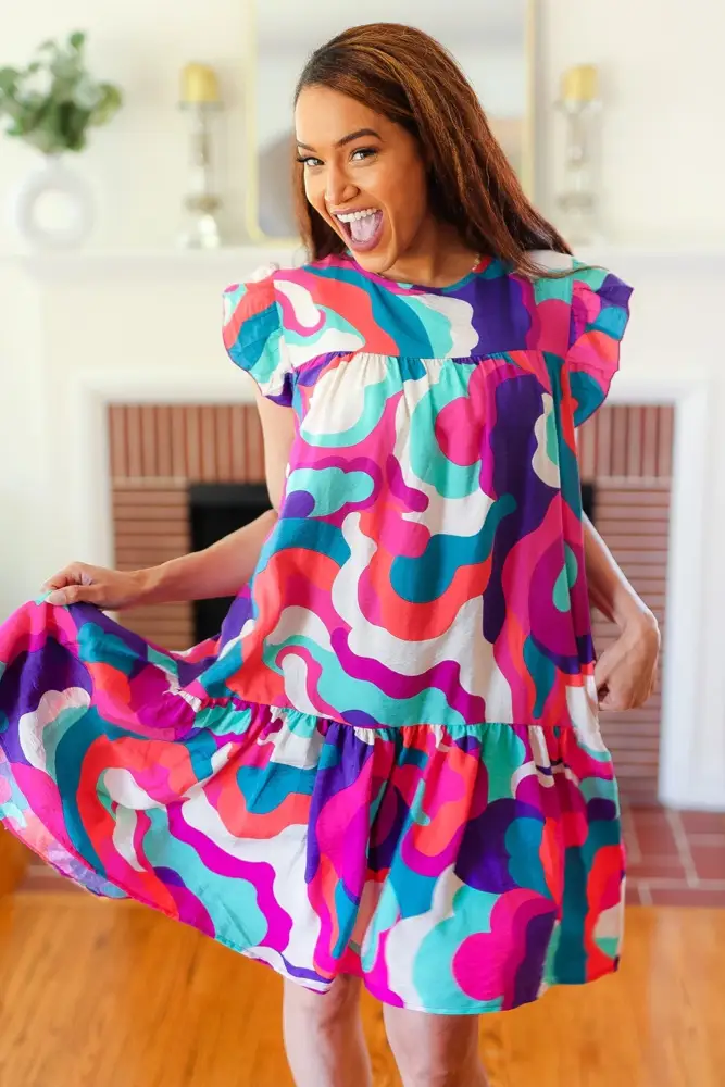 Fuchsia Geometric Tiered Ruffle Sleeve Dress