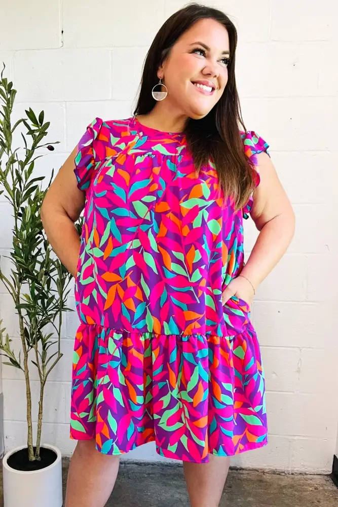 Purple Abstract Floral Tiered Dress