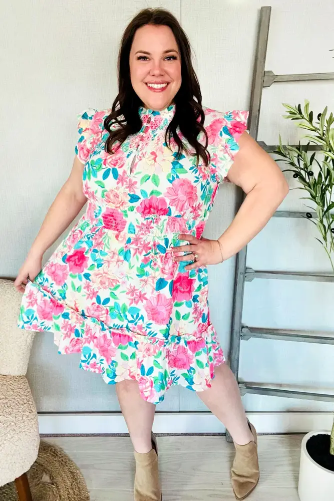 Floral Smocked Ruffle Sleeve Mini Dress