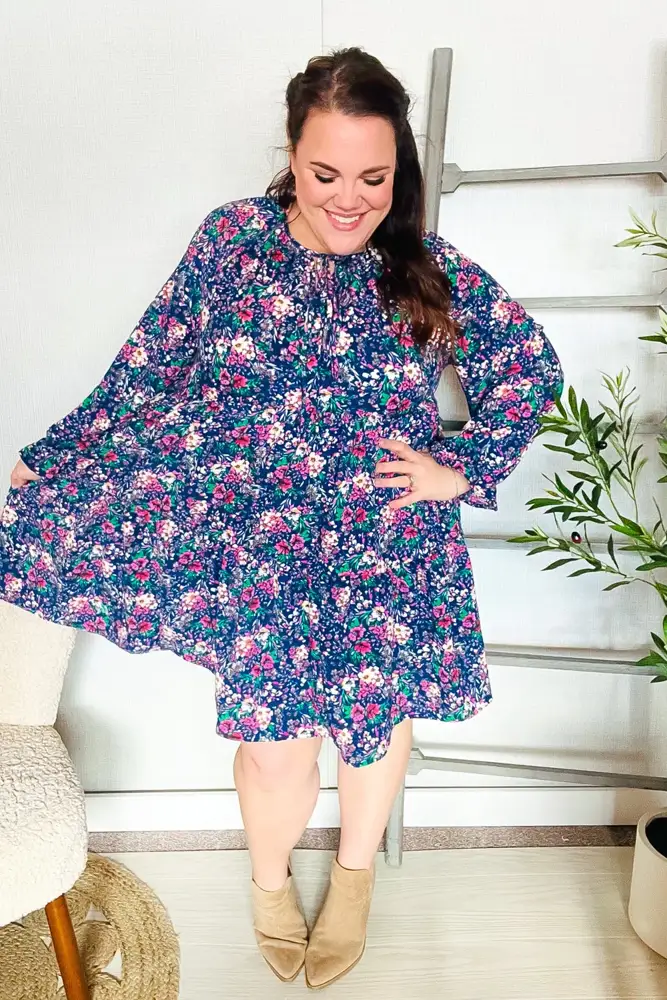 Navy Floral Bow Long Sleeve Dress