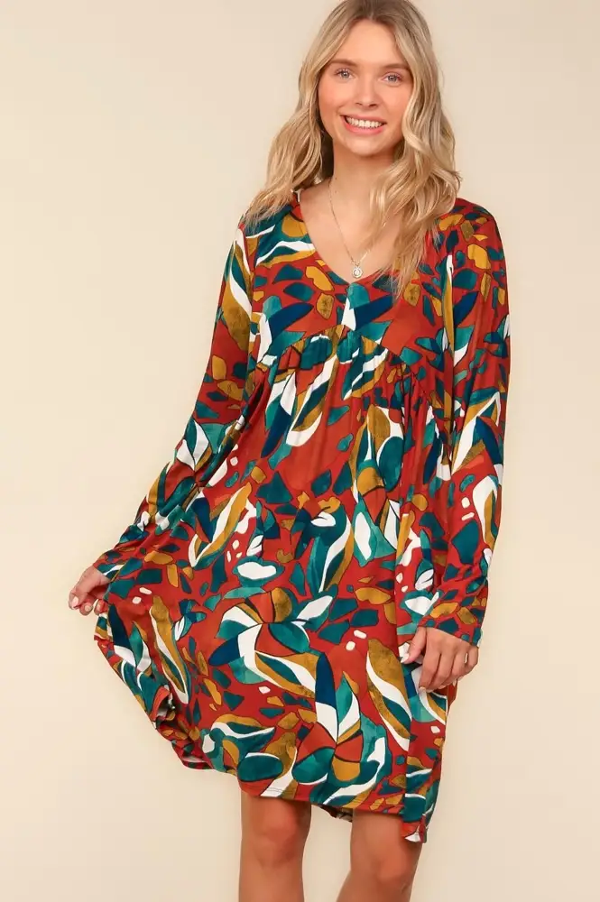 Ochre Abstract Print High Waist Babydoll Dress