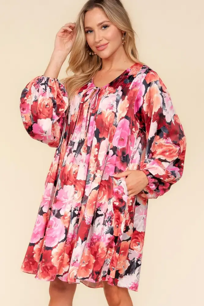 Floral Satin Dress with Side Pockets
