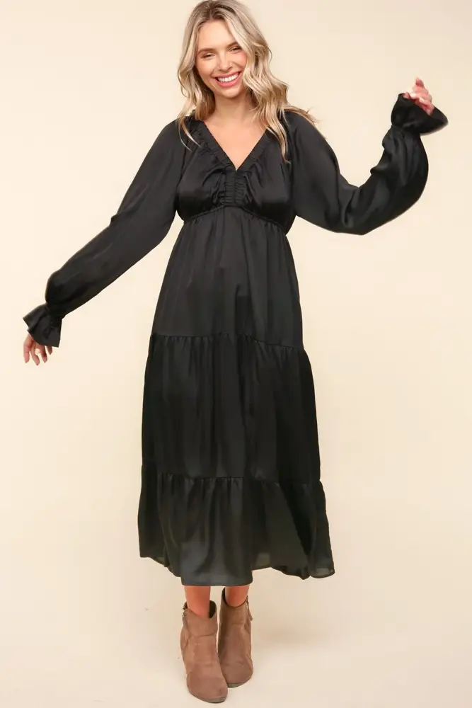 Satin Puff Sleeve Tiered Maxi Dress, HD-085
