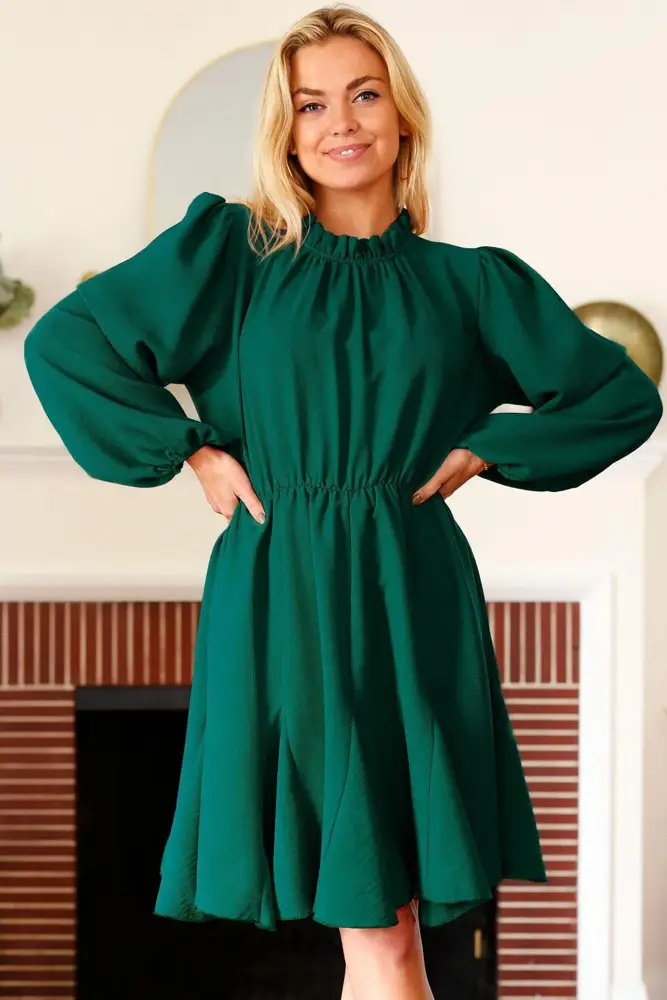 Forest Green Mock Neck Button Detail Dress with Pockets
