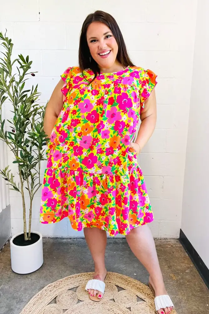 Lime and Pink Floral Ruffle Sleeve Dress