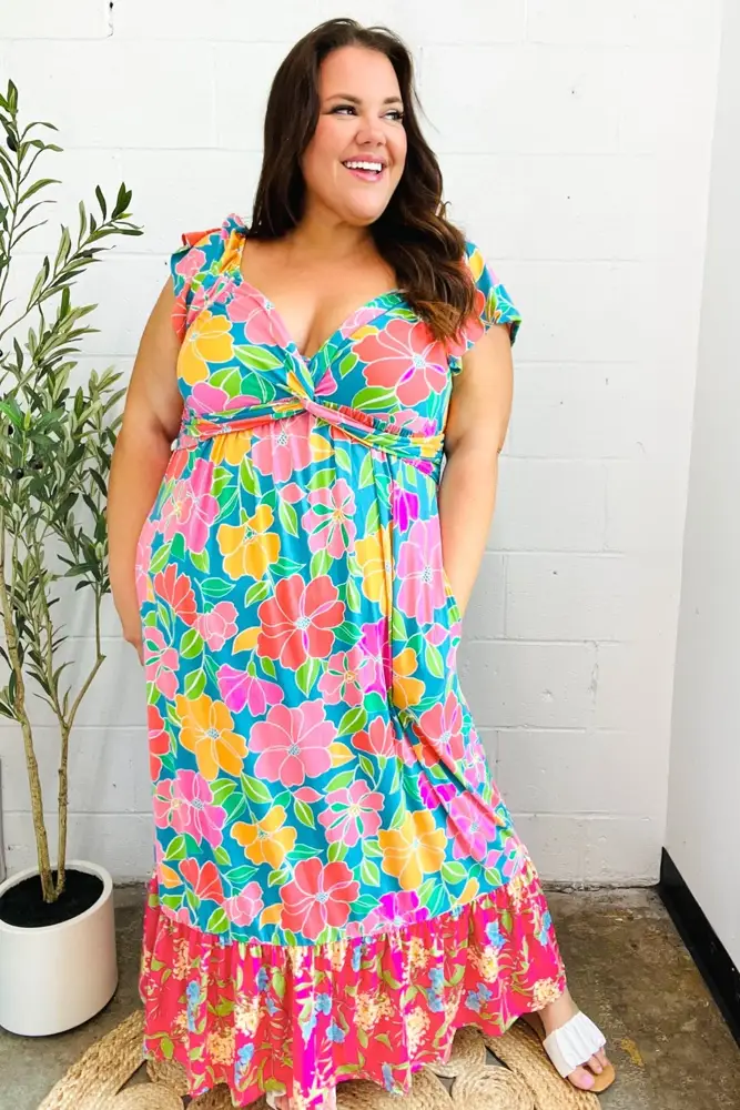 Multicolour Floral Twist-Neck Maxi Dress