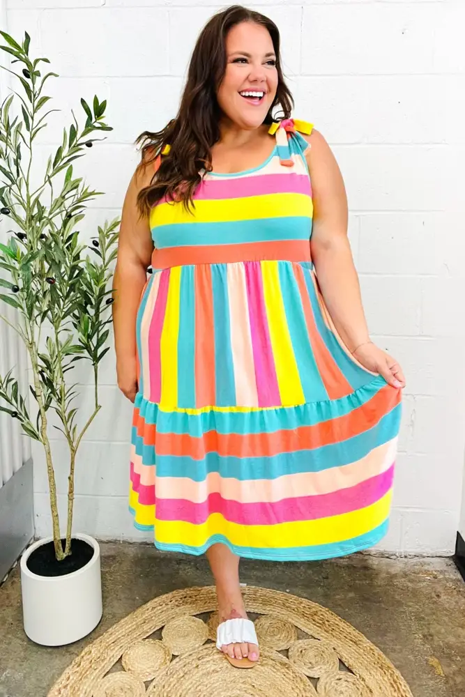 Multicolour Stripe Tie-Shoulder Tiered Dress